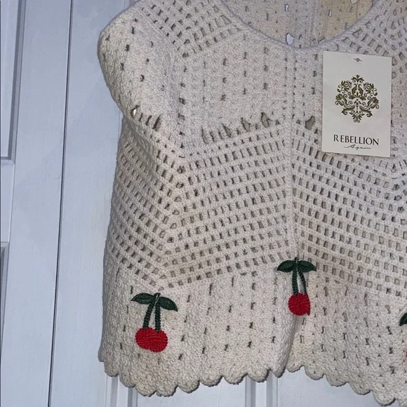 Rebellion Cream Crochet Crop Top with Red Cherry Accents - Picture 4 of 5